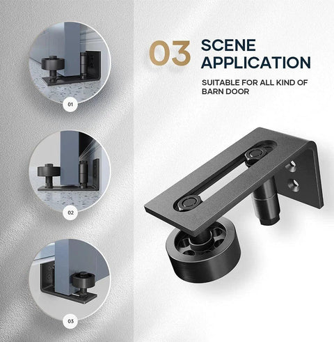 Black Sliding Barn Door Bottom Floor Guide, Adjustable Roller, Wall Mount System, Flush Flat Bottom Design, 8 Assemble Setup Options