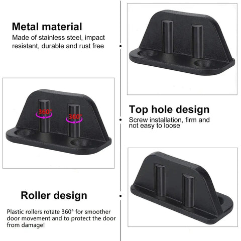 Four Barn Door Floor Guide With Bearing Design For Sliding Doors Heavy Duty Metal Hardware Durable Black Steel Frame Noise Reducing 304 Stainless Steel And Plastic Castings For Smooth Scratch Free Door Movement. Close-up view of black metal hardware with stainless steel and plastic components.