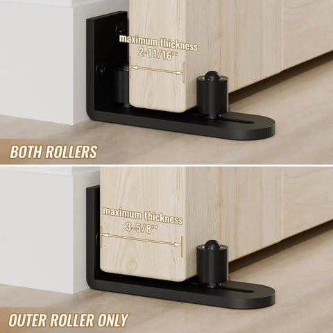 2 Pack Sliding Barn Door Bottom Floor Guides With Wall Mounted Rollers, Ball Bearings, Adjustable Stay Roller shown installed