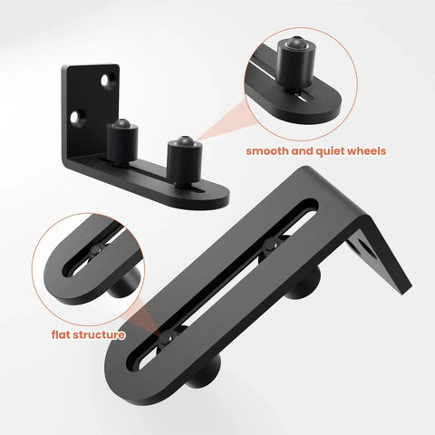 Sliding Barn Door Bottom Floor Guide With Adjustable Wall Mount Roller Guides, flush flat bottom design shown from two angles.