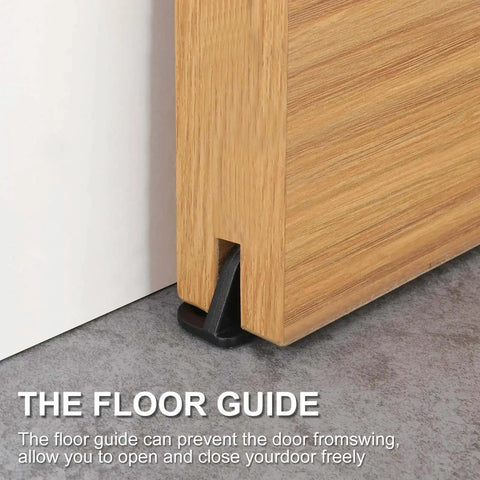 Set Of 2 Heavy Duty Sliding Barn Door Floor Guides With Bearing Design Stainless Steel Hardware in use on wooden door