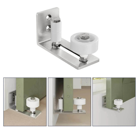 Sliding Barn Door Floor Guide With Bottom Adjustable Roller 8 Setup Options For DIYers Flush Bottom Flat Design Brushed Nickel Stay Roller 1 Piece Compatible With All Door Panels For Smooth Operation And Quiet Performance. Shown in various installation angles and settings.