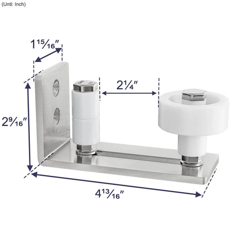 Sliding Barn Door Floor Guide With Bottom Adjustable Roller 8 Setup Options for DIYers, flush bottom, brushed nickel design, dimensions labeled.