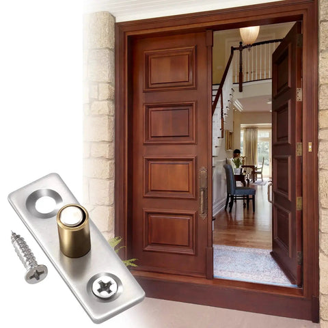 4 Pack Sliding Barn Door Floor Guides With Copper Stainless Steel Rollers And Base Includes 8 Screws Bottom Guide Locators For Glass And Wood Doors Durable Hardware For Smooth Sliding And Stable Door Alignment installed on wooden door