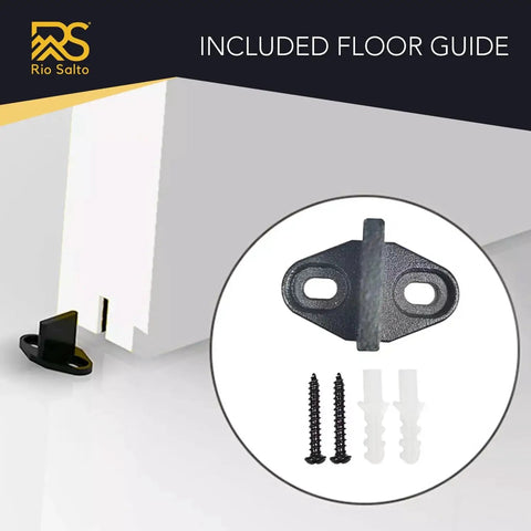 Gold Barn Door Hardware Kit For 59 Inch Sliding Track Internal Modern Interior Aluminum Kit With Brushed Brass Finish Complete Mounting Hardware Smooth Operation No Door Included Ready To Install showing floor guide and screws.