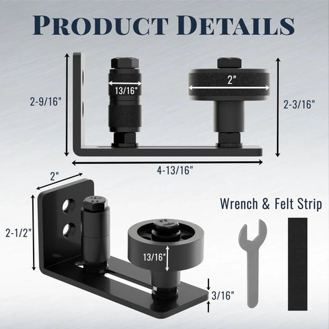 Sliding Barn Door Floor Guide Set dimensions, wall mounted flush bottom grooved guides with rollers, adjustable roller options