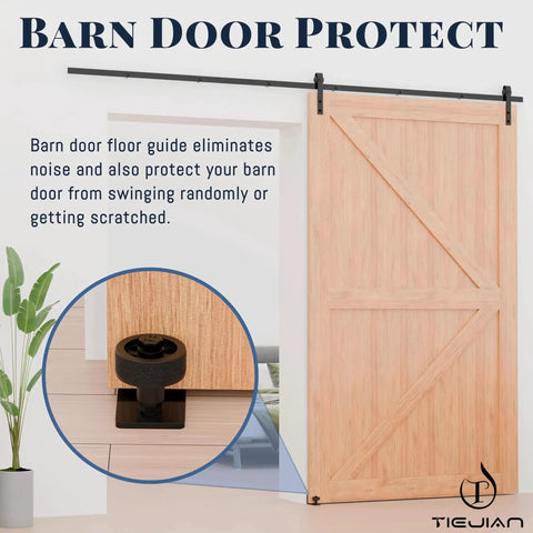 Barn door and Sliding Barn Door Floor Guide Set, Wall Mounted Flush Bottom Grooved Guides With Rollers, Adjustable Floor Guide Roller Featuring Eight Setup Options, Quiet Operation With Felt Strips, 4 Pack installed on wooden floor.