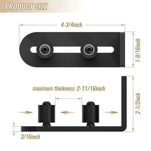 Dimensions of 2 Pack Sliding Barn Door Bottom Floor Guides with Wall Mounted Rollers, Black Powder Coated Steel