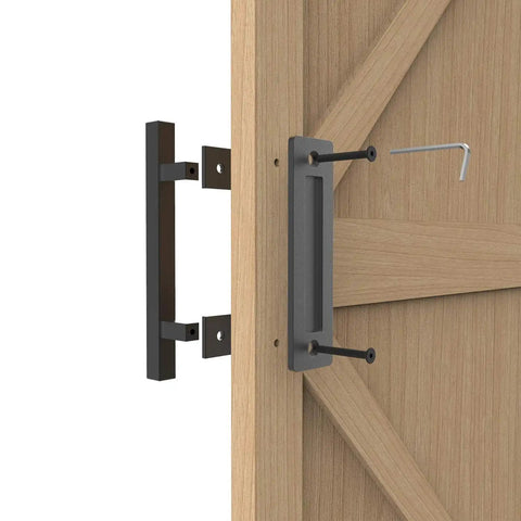 12 Inch Sliding Barn Door Handle Pull And Flush Hardware Set In Rustic Black Finish Anti Rust Steel installed on wood door