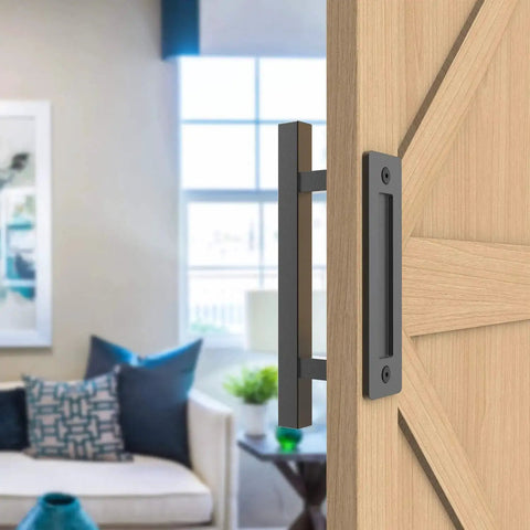 12 Inch Sliding Barn Door Handle Pull And Flush Hardware Set In Rustic Black Finish Anti Rust Steel installed on wood barn door
