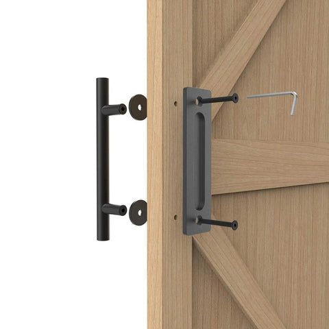12-Inch Sliding Barn Door Handle Pull And Flush Hardware Set For Interior And Exterior Doors, Rustic Black Round Finish on wood door.
