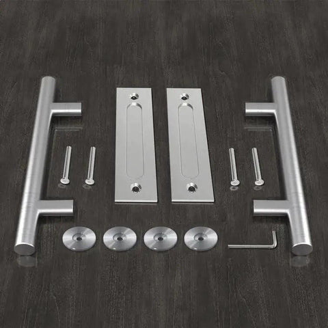 Heavy Duty 12 Inch Pull And Flush Barn Door Handle Set Two Pack With Large Rustic Two Side Design For Gates Garages Sheds And Furniture Solid Carbon Steel With Black Powder Coating And Upgraded Back Plate For Superior Sturdiness And Rust Resistance showing two handles, back plates, and hardware on dark surface