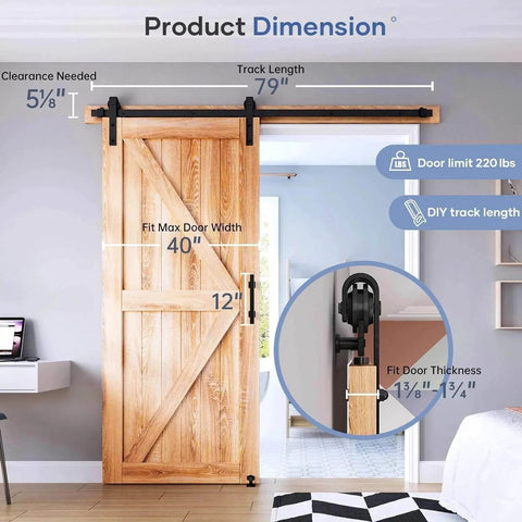 6.7 FT Sliding Barn Door Hardware Kit, wooden door installed, dimensions and fit details shown, suitable for 36"~40" wide doors