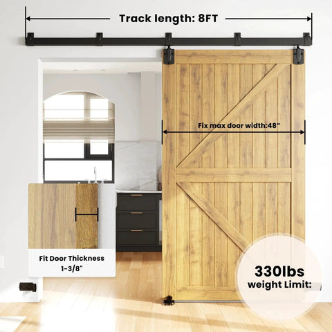 8 Foot Box Rail Sliding Barn Door Hardware Kit Heavy Duty Wall Mount For Indoor And Exterior Doors Corrosion Resistant Zinc Plated Exterior Hardware Includes Five Track Brackets Supports Doors Up To 450 Pounds Fits Doors Up To Forty Eight Inches Wide installed on wooden door.