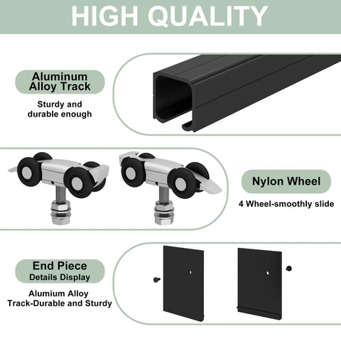 Parts of 5Ft Barn Door Hardware Kit With Low Clearance Aluminum Box Rail Track For Interior Single Wooden Door Black Finish, Heavy Duty Sliding Door System With Rust Resistant Aluminum Rail For Smooth Operation And Space Saving Door Installations showing aluminum track, nylon wheel, and end piece.