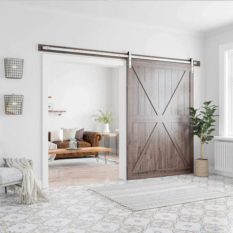 Interior view of 10 Feet Brushed Nickel Barn Door Hardware Kit-Heavy Duty Sliding Track-Smoothly and Quietly-Easy to Install-Fit 60" Wide Door Panel (J Shape Hanger) installed on wooden door.