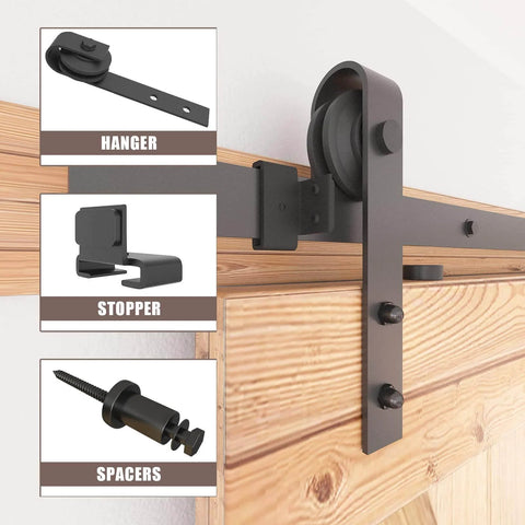 8FT Barn Door Hardware Kit with Heavy Duty Sliding Track, J Shaped Carbon Steel System, close-up on hanger, stopper, and spacers