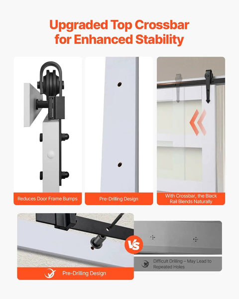 Close-up views of 32 By 84 Inch Sliding Barn Door With Header Board And 6 Ft Hardware Track Kit And Handle, Waterproof PVC Surface, Pre Drilled Holes For Easy Assembly, MDF Construction, Smooth And Quiet Sliding.