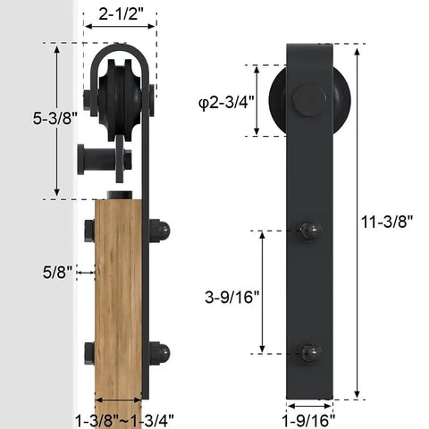 Detailed view of black 6Ft Barn Door Hardware Kit Double Sliding Door System with measurements and side-mounted J shape roller.