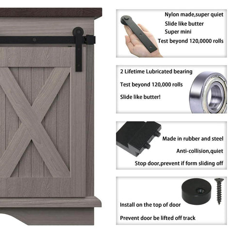 7FT Super Mini Barn Door Hardware Kit for Sliding Double Doors details showing nylon roller, bearing, and anti-collision stopper.