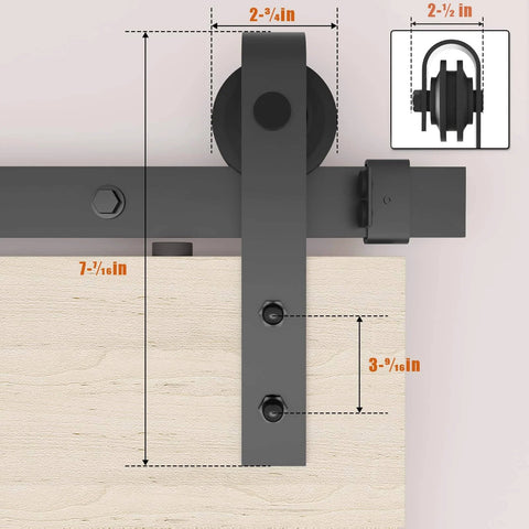 5FT Barn Door Hardware Kit with Heavy Duty Modular Sliding Track close-up, showing J Shaped Carbon Steel System, rollers, and measurements.