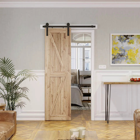 4ft Barn Door Hardware Kit with I shape hanger installed on wooden door, heavy duty track made from carbon steel