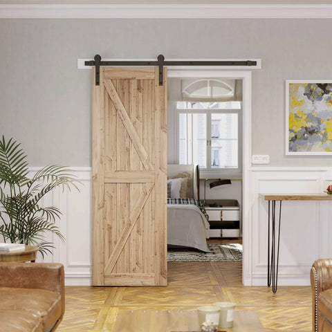 Installed 5.5ft Barn Door Hardware Kit with I shape hanger, carbon steel sliding track, nylon rollers for 30-33 inch door panel.