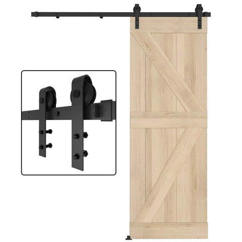 5FT Barn Door Hardware Kit with Heavy Duty Modular Sliding Track showing J Shaped Carbon Steel System and wooden door panel