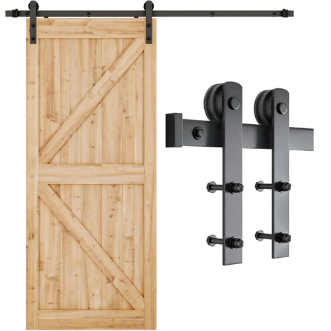 6.6FT Barn Door Hardware Kit with I Shape hanger, heavy duty carbon steel sliding track, wood door panel front view