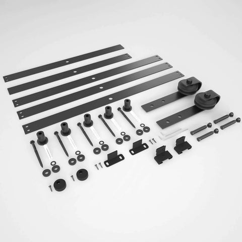 Components of a 6.6FT Barn Door Hardware Kit with Heavy Duty Modular Sliding Track, J Shaped Carbon Steel System laid out on a surface.