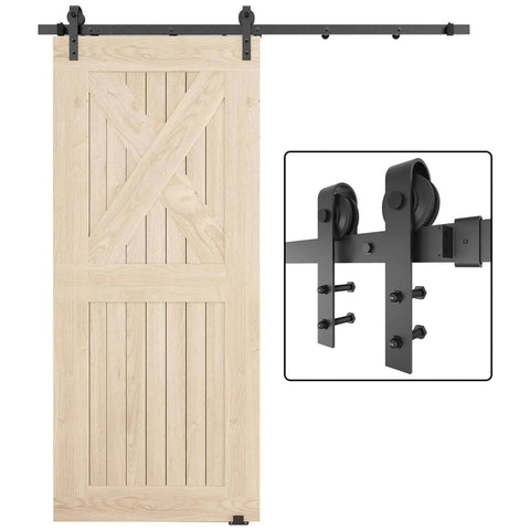 6.6FT Barn Door Hardware Kit with Heavy Duty Modular Sliding Track, J Shaped Carbon Steel System, close-up of rollers and wooden door setup.