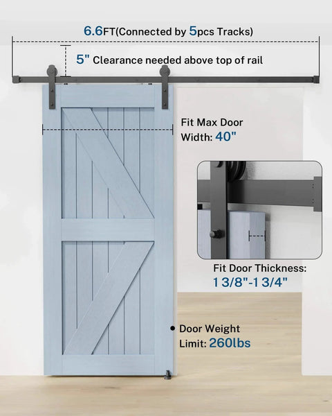 Barn Door Hardware Kit -6.6FT Sliding Door Hardware with Adjustable Floor Guide, 2 Handles and Latch -Fit 36''-40'' Wide Panel, I Shape Hanger, Black.