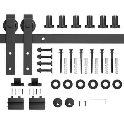 7.5FT Sliding Barn Door Hardware Kit for Single Doors up to 45 Inch, showing carbon steel track and nylon rollers laid out