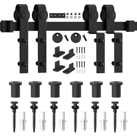 7.5 Ft Single Track Bypass Barn Door Hardware Kit For Double Doors, Heavy Duty Sliding System With Antique Rollers, parts layout