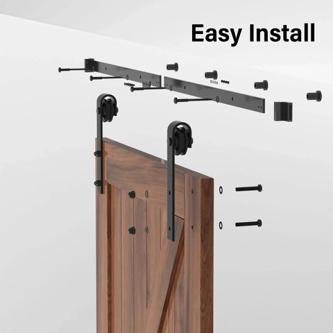 J Shape 4 Foot Barn Door Hardware Kit For Single Sliding Door In Black Carbon Steel Heavy Duty Track System assembly overview