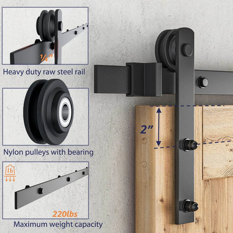 7ft Barn Door Hardware Kit with I shape hanger, black sliding door track, heavy duty carbon steel, nylon rollers, front view installation