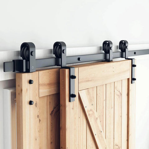 5 Feet Bypass Sliding Barn Door Hardware Kit for Double Wooden Doors with Single Track installed on door