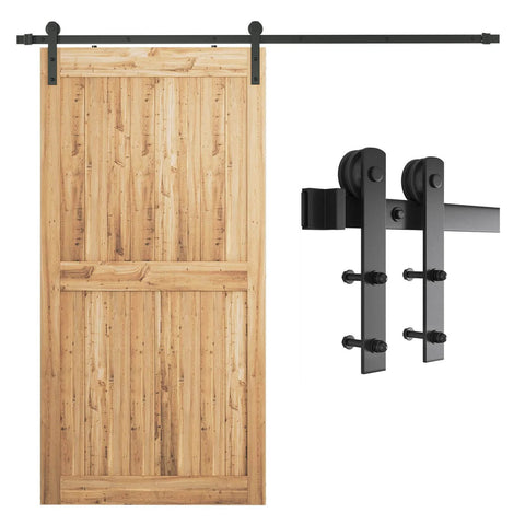 7.5ft Barn Door Hardware Kit with I shape hanger shown with wood door and carbon steel track, easy installation for 42 to 45 inch panels.