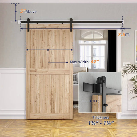 7.5ft Barn Door Hardware Kit with I shape hanger installed on 42-inch wood door, showing carbon steel track and nylon rollers