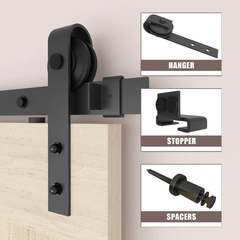 5FT Barn Door Hardware Kit with Heavy Duty Modular Sliding Track J shaped carbon steel components including a hanger, stopper, and spacers