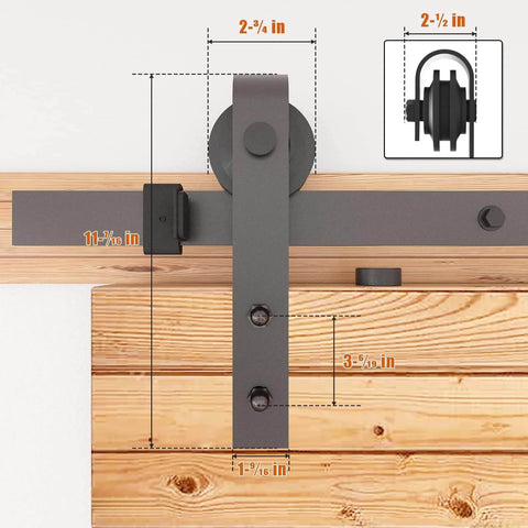 Close-up view of the 8FT Barn Door Hardware Kit with Heavy Duty Sliding Track, J Shaped Carbon Steel System, showing roller dimensions.