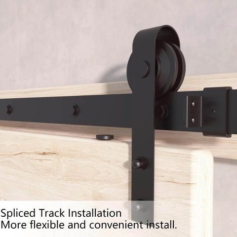 Close-up of 6.6FT Barn Door Hardware Kit with Heavy Duty Modular Sliding Track on wood door, J Shaped Carbon Steel System