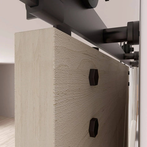 Close-up of 5FT Barn Door Hardware Kit with Heavy Duty Modular Sliding Track and J Shaped Carbon Steel System for doors