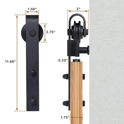 Side view of 6.6 Ft Sliding Barn Door Hardware Kit For 40 Inch Wide Door Panel With I Shape Hangers Black Finish, showing dimensions.