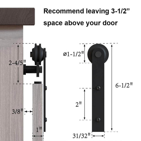 Diagram of 5FT Super Mini Barn Door Hardware Kit with dimension details for I Shape Hanger in frosted black finish for sliding double doors.