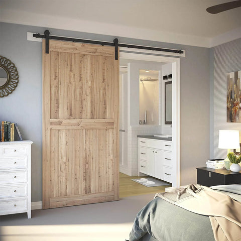 7.5ft Barn Door Hardware Kit with I shape hanger installed on wooden door in cozy bedroom, emphasizing smooth sliding mechanism