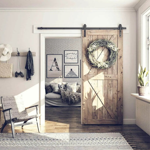 Installed 6.8FT Barn Door Hardware Kit with J Shape hanger; wooden barn door, 40 inch panel, black powder-coated alloy track
