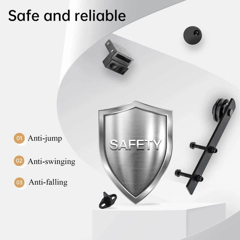Safety features of 12 FT Double Door Sliding Barn Door Hardware Track Kit with Straight Pulley, showing anti-jump, anti-swinging, and anti-falling components