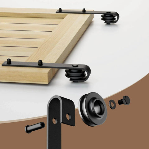 Components of 6.6FT/79.2" Sliding Barn Door Hardware Kit with Barn Door Floor Guide fit 40" Single Wooden Door, nylon rollers shown.