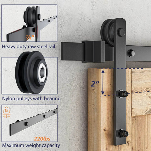 7.5ft Barn Door Hardware Kit with I shape hanger, heavy duty sliding door track made from carbon steel with nylon pulleys close-up